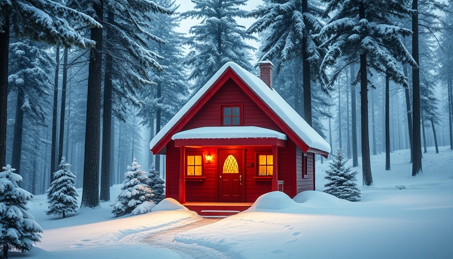 Red snowy home in tranquil winter forest setting