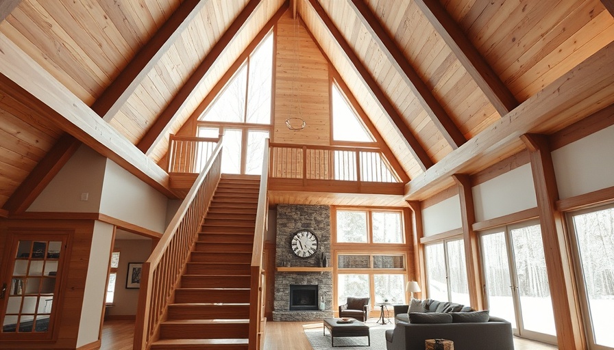 Modern A-frame cabin interior with beams and cozy seating.