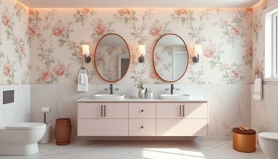 Elegant bathroom renovation with floral wallpaper and double vanity.