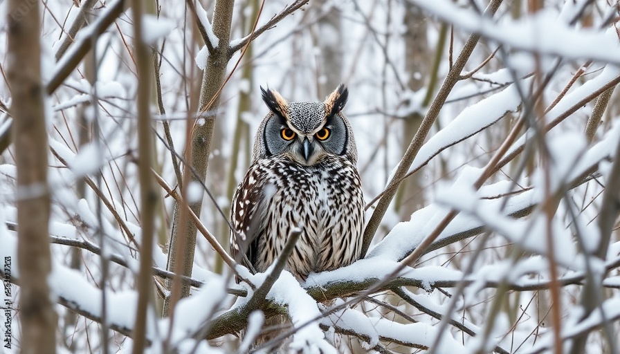 Great Horned Owl in snow-covered branches during winter