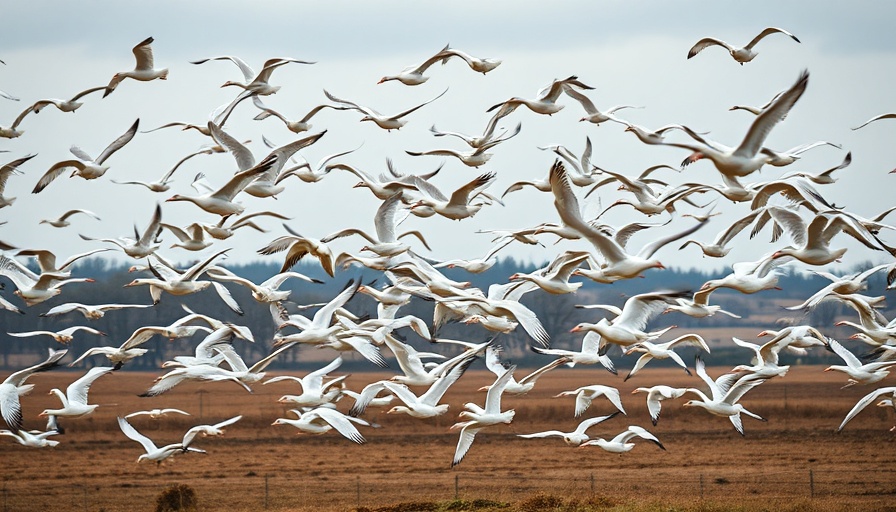 Snow geese migration in flight over countryside.
