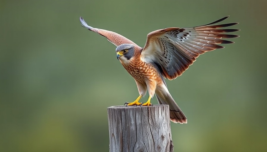 Winter falcon on wooden post ready to fly, natural setting