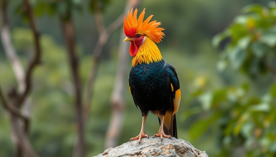 Vibrant gallito de las rocas peruano in lush forest setting.