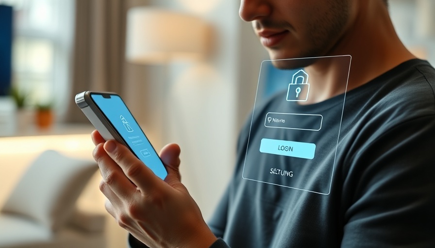 Smart home security interface on smartphone with login overlay.