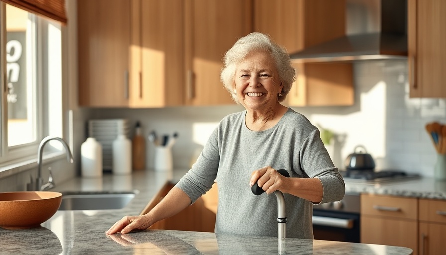 Woman with walking aid cleaning kitchen, accessible home cleaning.