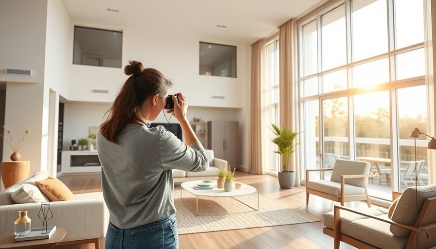 Woman photographing open house interior in Los Angeles.
