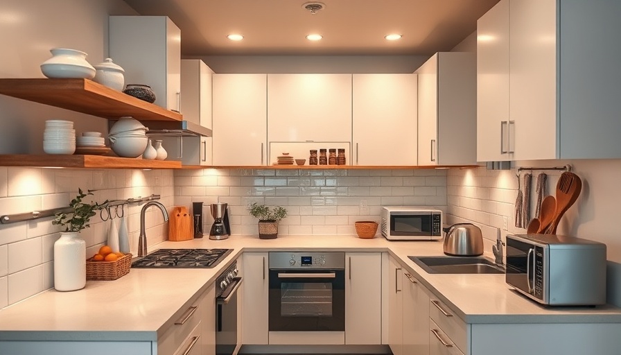 Modern small kitchen design with sleek countertops and natural light.