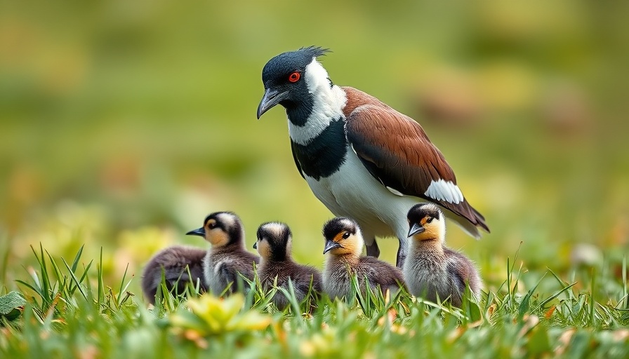 Protective plover with chicks, shorebird behavior in nature.