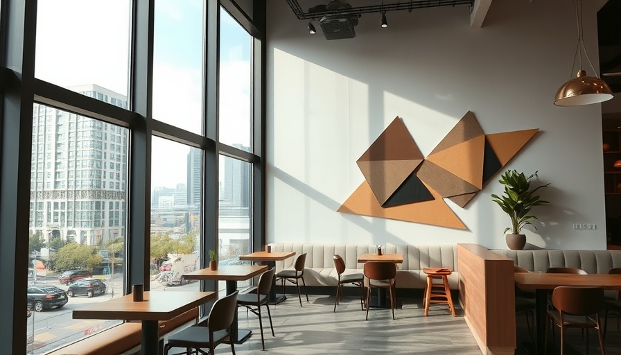 Modern cafe with geometric art, bright and spacious, Folded Poetry.