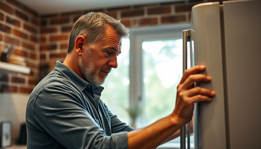 Man fixing a refrigerator in a modern kitchen, focused expression.