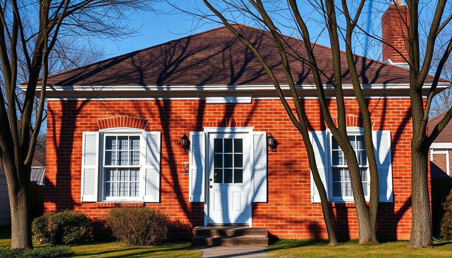 Charming red brick house under tree shadows with white shutters.