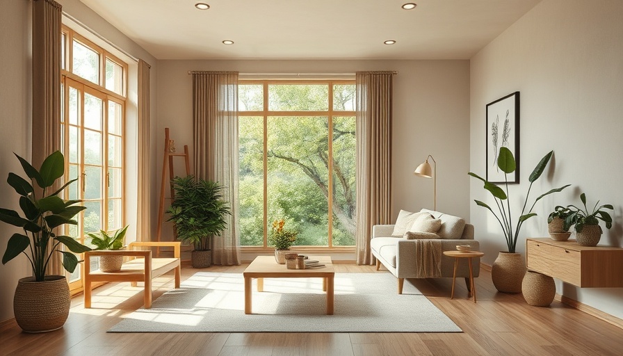 Serene Japandi decor with natural wood and indoor plants.