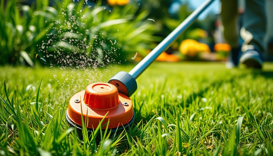 String trimmer in action cutting grass, vibrant garden scene.