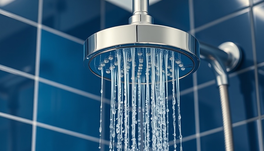 Modern water-saving shower head in sleek blue tiled bathroom