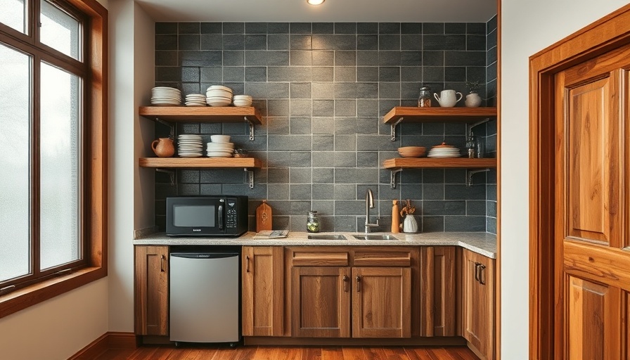 Stylish small kitchenette design with dark tiles.