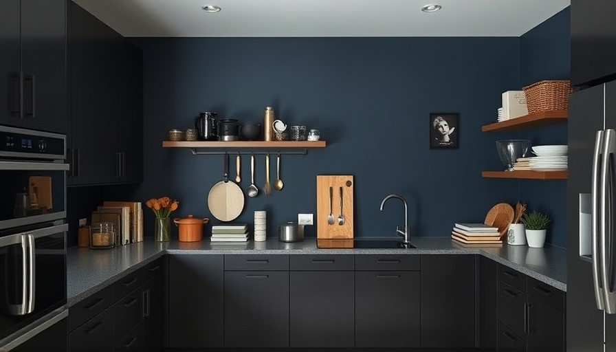 Custom kitchen with sleek dark cabinets and organized countertop.