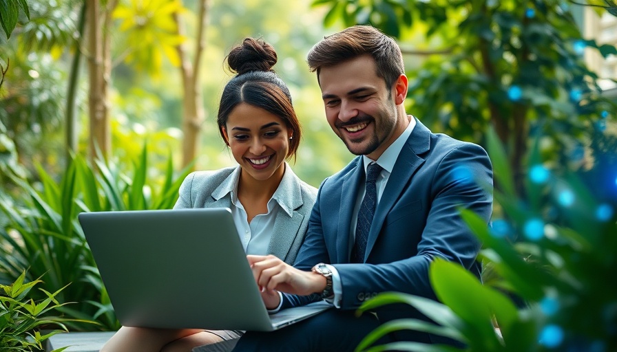 AI energy savings concept with two professionals using a laptop in a garden.