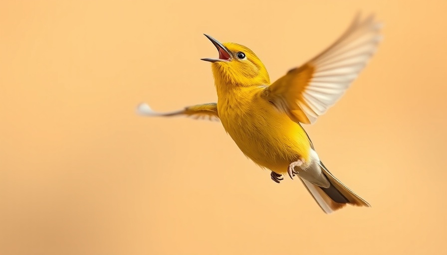 Vibrant bird singing in flight, showcasing bird sounds.