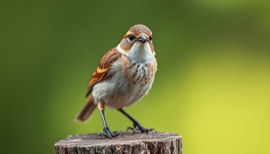 Honeyguide bird perched on a stump with green background.