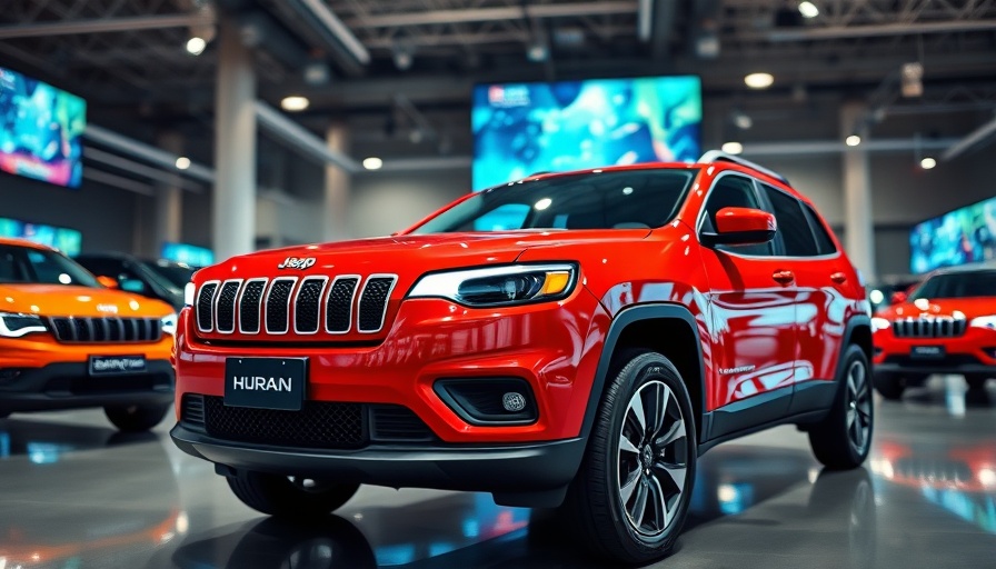 Jeep Cherokee recall notice in showroom with warning sign.