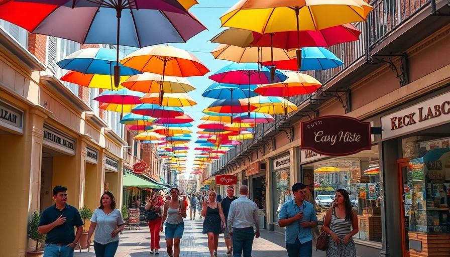 Vibrant umbrellas in a sunny Ocean Springs plaza.