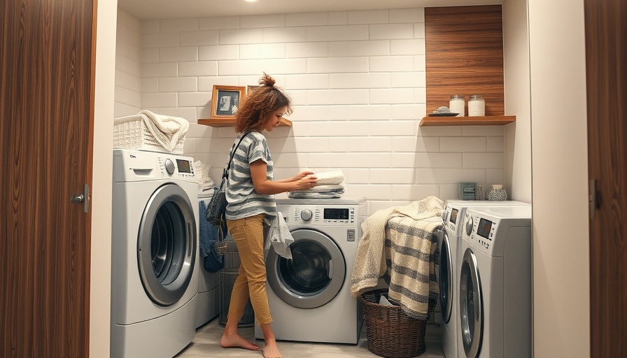 Modern laundry room with water softener and woman sorting laundry.