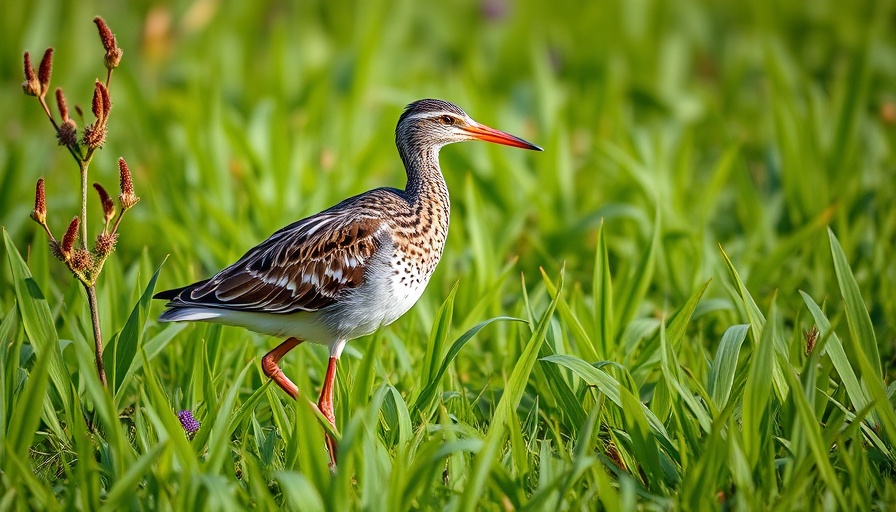 Elegant dowitcher in lush green meadow, vibrant and detailed.