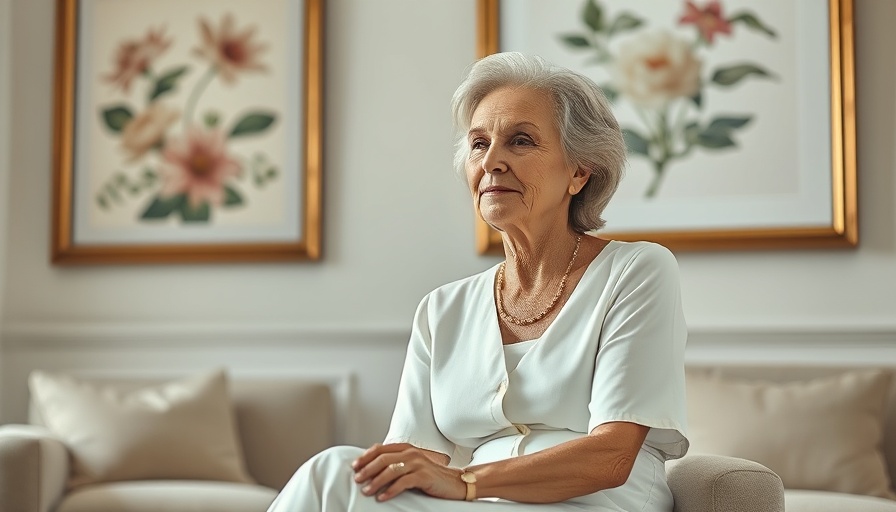 Cassandra Ellis in white dress, sitting by framed floral art.
