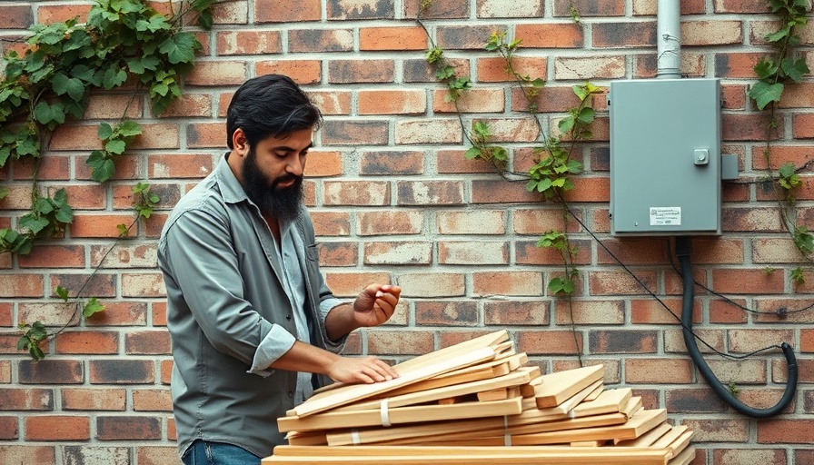 Man working on breezeway design with building materials.