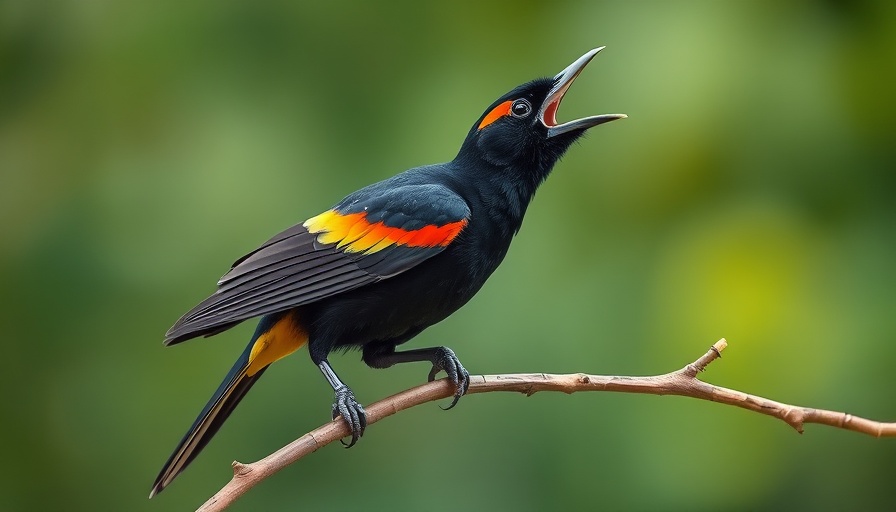 Vivid black bird with red marking singing on branch; Christian Cooper birds.