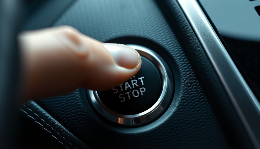 Close-up of finger pressing car start/stop button on dashboard.