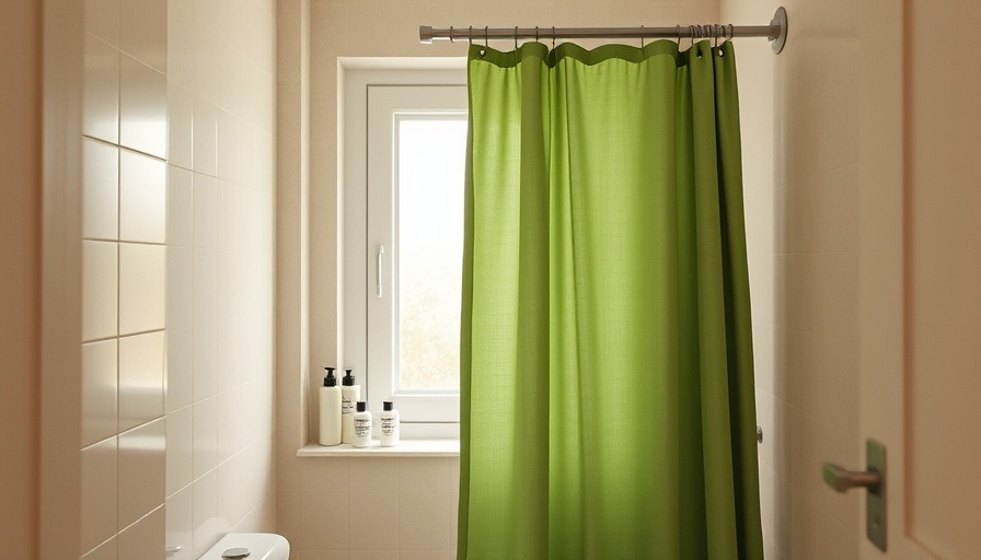 Simple small bathroom with green curtain, soft lighting.