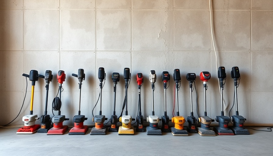 Various drywall sanders displayed upright in a utility room.