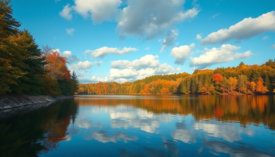 Serene landscape reflecting clouds and autumn trees with green environmentalism.