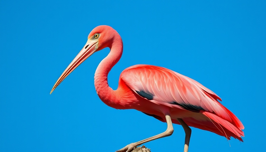 Espátula Rosada perched with vibrant feathers under blue sky.