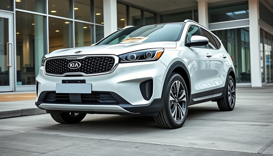 Kia recall notice on white SUV outside building.