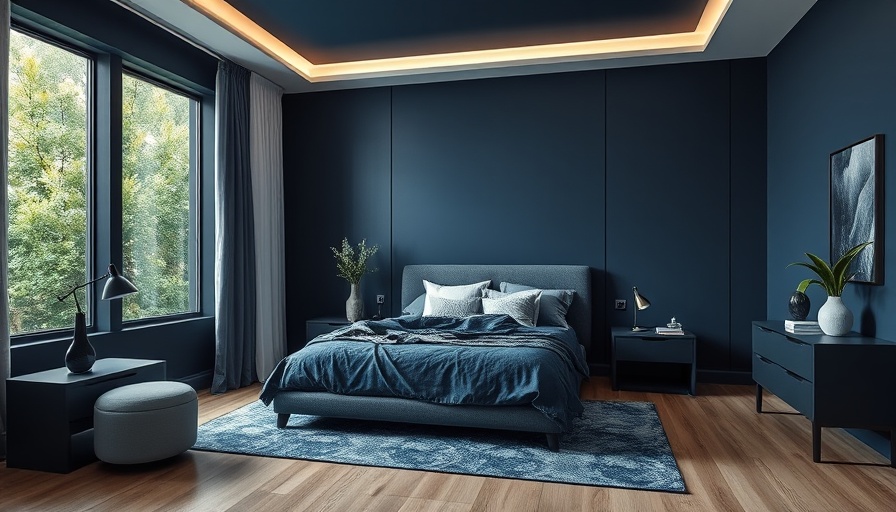 Stylish blue bedroom design with elegant decor.
