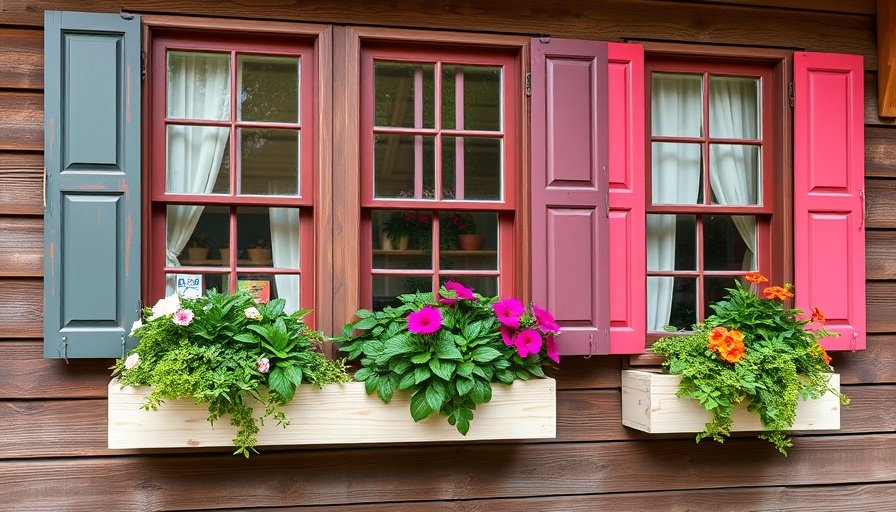 DIY window flower boxes on a quaint house with colorful shutters.
