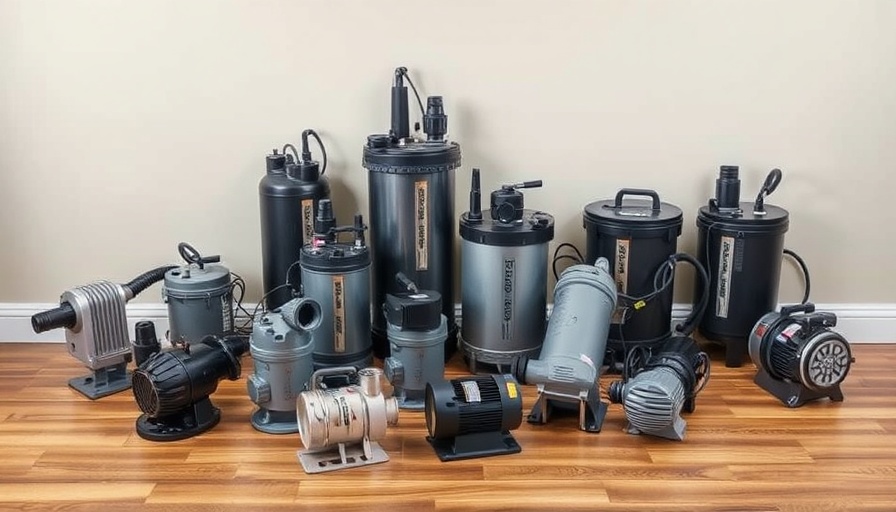 Assortment of best sump pumps on wooden floor, showcasing different designs.
