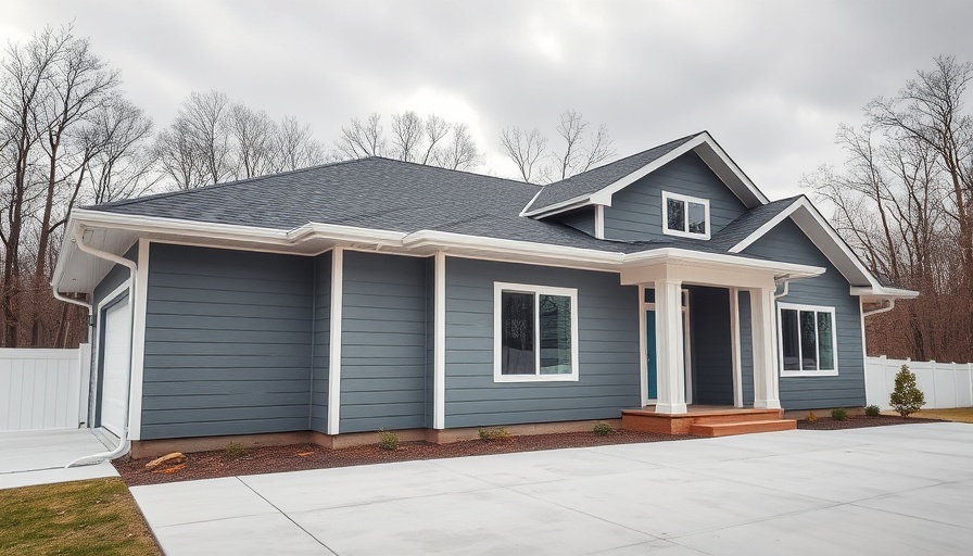 Gray house with gutters under cloudy sky, surrounded by trees.