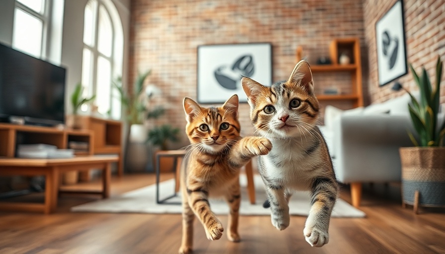 Cat playing in a room with a pet camera on a cabinet.
