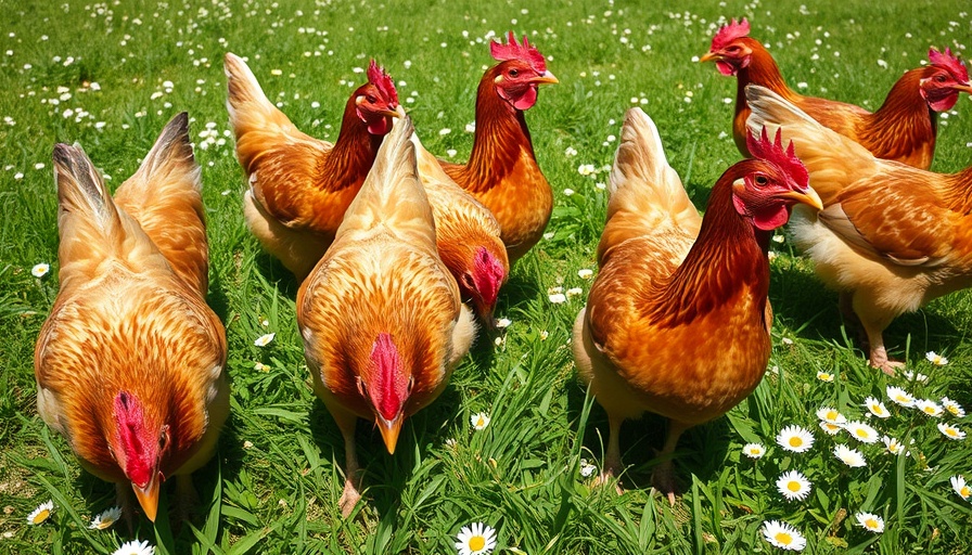 Group of chickens pecking in a green field, representing Bird Flu Virus risk.