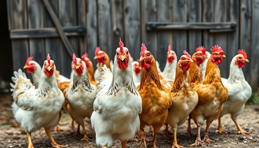 Flock of Bresse chickens on a rustic farmyard.