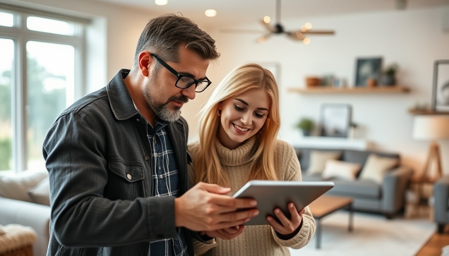 Individuals reviewing real estate data on a tablet in a modern setting.