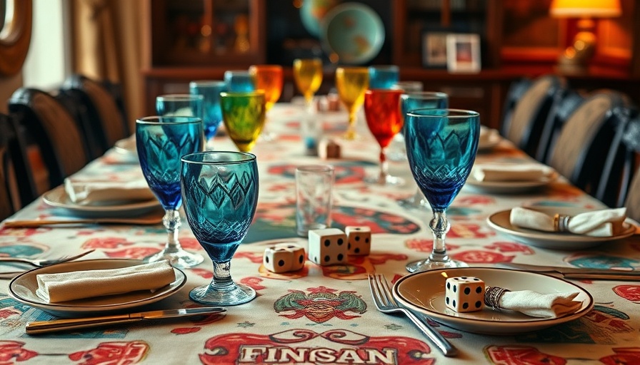 Elegant game night table linens setup with colorful glasses.
