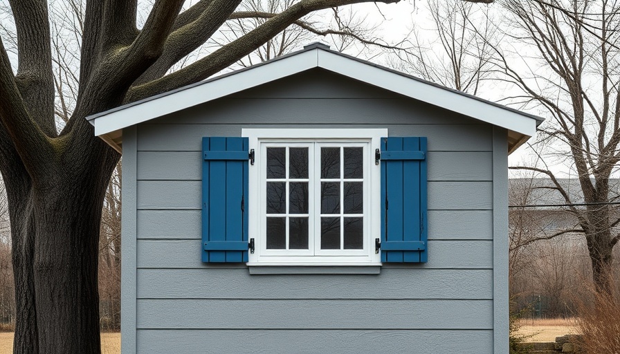 Grey shed with blue shutters and window, featuring PVC boards.