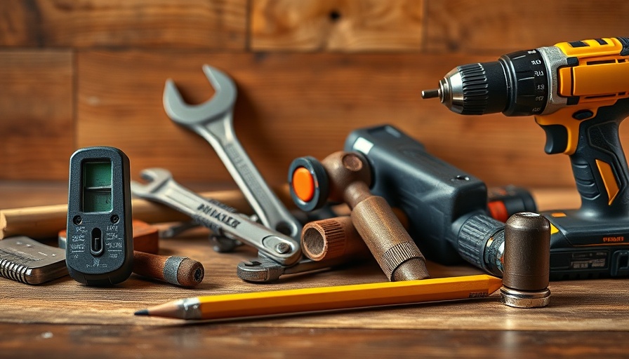 Tools for hanging items on walls lying on wooden surface.