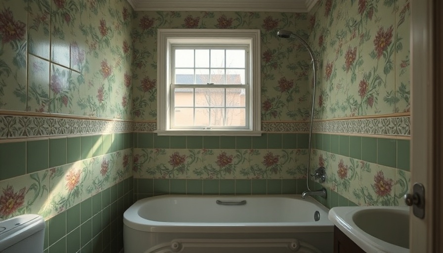Vintage bathroom design with shower-tub combo and floral tiles.
