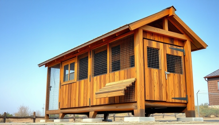 Rustic wooden chicken coop with metal roof on concrete under clear sky.