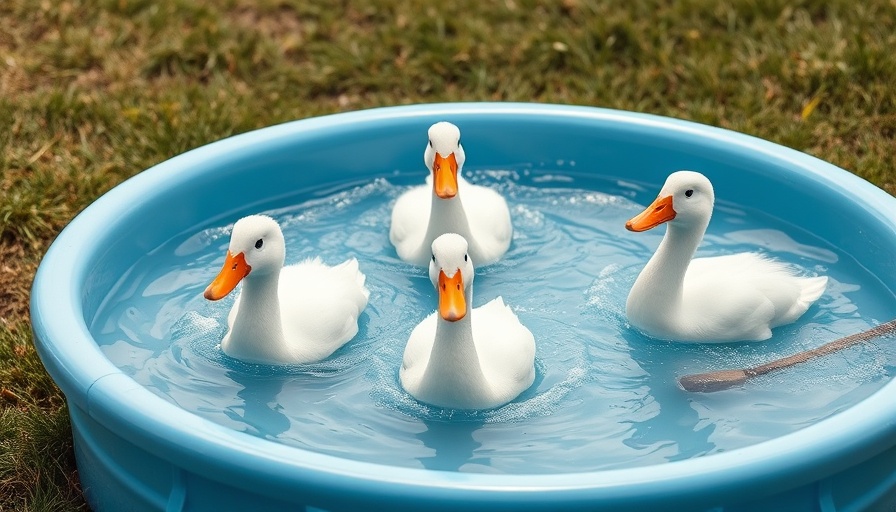 Friendly ducks swimming in a blue pond on grass